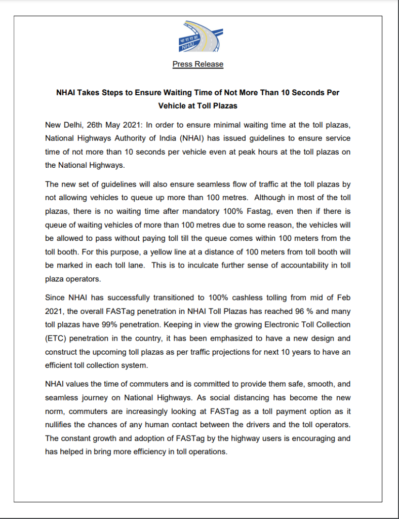 FASTag press release